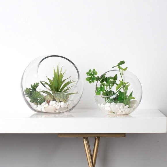 WGV Slant Cut Bowl Glass Vase, Width 9", Height 9", Clear Round Globe Planter Te - Picture 7 of 7